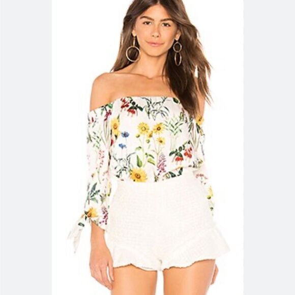 Bailey 44 Revolve Colorful Floral Botanical Off Shoulder Blouse in Chalk - Picture 1 of 16